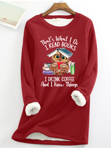 Women's Owl Coffe Book Funny Crew Neck Text Letters Simple Loose Fleece Sweatshirt - Just Fashion Now - Modalova