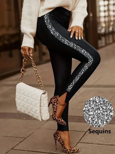 Glitter Casual Plain Leggings - Just Fashion Now - Modalova