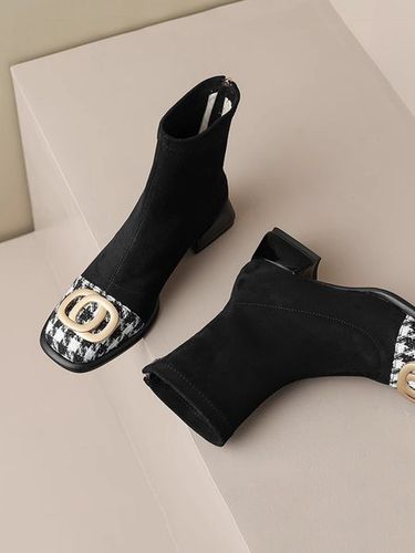 Elegant Metal Decor Houndstooth Paneled Block Heel Fashion Boots - Modetalente - Modalova