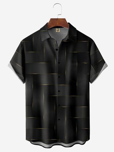 Black Gold Geometric Pattern Chest Pocket Short Sleeve Casual Shirt - Modetalente - Modalova