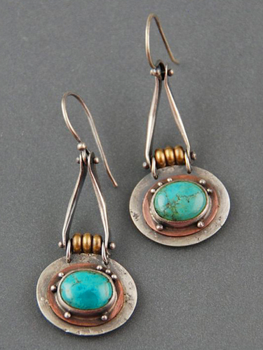 Ethnic Oval Turquoise Two-Tone Earrings - Just Fashion Now - Modalova