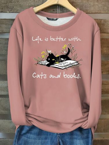 Women's Life Is Better With Cats And Books Casual Cotton-Blend Fleece Sweatshirt - Just Fashion Now - Modalova