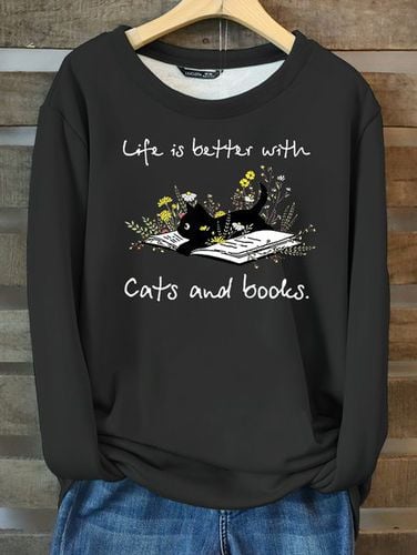 Women's Life Is Better With Cats And Books Casual Cotton-Blend Fleece Sweatshirt - Just Fashion Now - Modalova