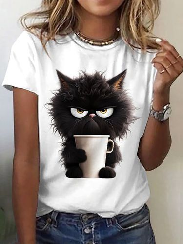 Cat Casual Crew Neck T-Shirt - Just Fashion Now - Modalova