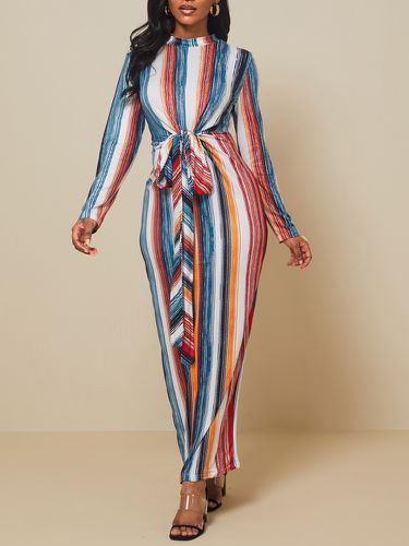 Striped Printed Stand Collar Belt Long Sleeve Pencil Dress - Newchic - Modalova