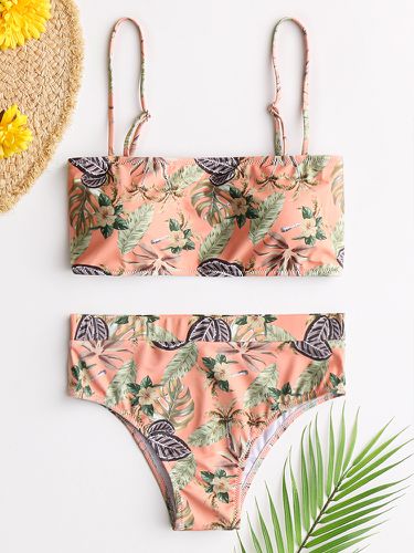Women Bandeau Bikini Tropical Print Geometric Swimsuit - Newchic - Modalova