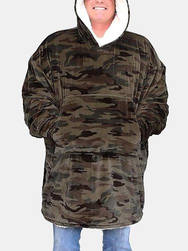 Men Camo Plaid Print Flannel Blanket Hoodies Thicken Sweatshirt Handy Pocket Oversized Homewear - Newchic - Modalova