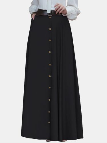 High Waist Button Pocket Long Flared Pleated Maxi Skirt - Newchic - Modalova