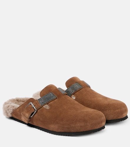 Mules in suede con shearling e monili - Brunello Cucinelli - Modalova