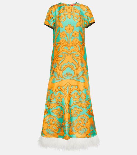 Swing feather-trimmed printed silk maxi dress - La DoubleJ - Modalova