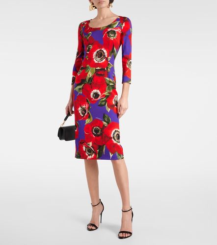 Abito midi in misto seta con stampa floreale - Dolce&Gabbana - Modalova