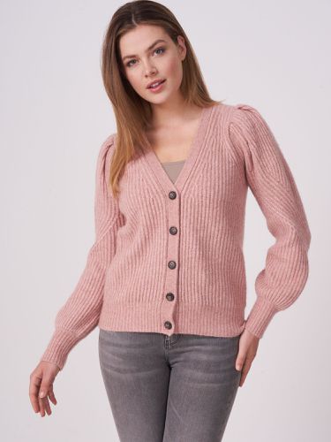 Buttoned rib knit cardigan with puff sleeves - REPEAT cashmere - Modalova