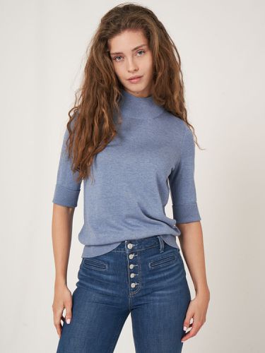 Cotton blend short sleeve sweater with stand collar - REPEAT cashmere - Modalova