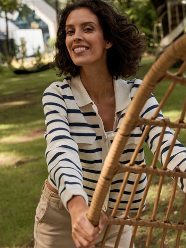 Cotton knit striped cardigan with polo neck - REPEAT cashmere - Modalova