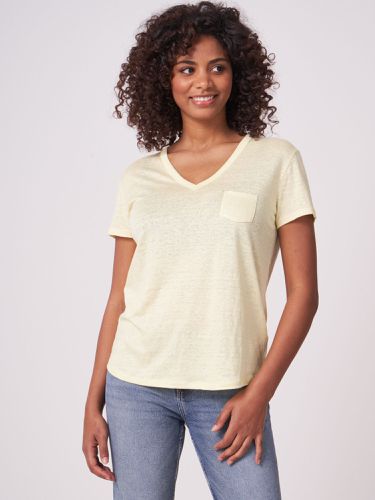 Basic pure linen V-neck T-shirt with chest pocket - REPEAT cashmere - Modalova