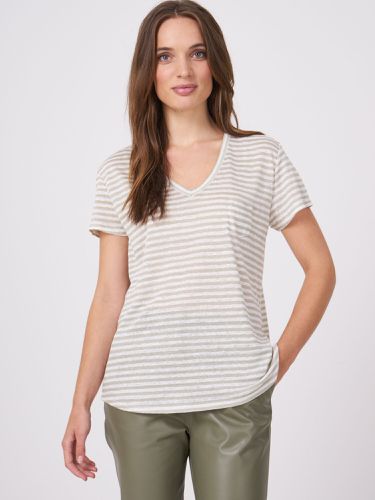 Striped Linen T-shirt with chest pocket - REPEAT cashmere - Modalova
