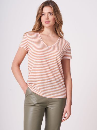 Striped Linen T-shirt with chest pocket - REPEAT cashmere - Modalova