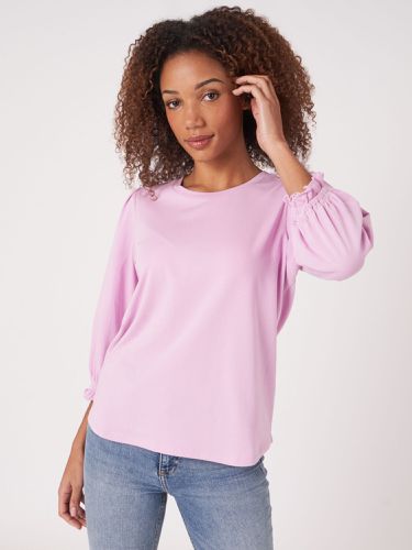 Cotton stretch T-shirt with 3/4 sleeves with elastic cuff and ruffle - REPEAT cashmere - Modalova