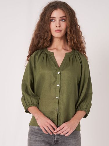 Buttoned linen puff sleeve blouse - REPEAT cashmere - Modalova