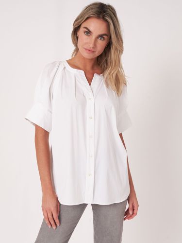 Cotton blend blouse with short turn-up raglan puff sleeves - REPEAT cashmere - Modalova