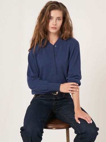 Cashmere sweater with ribbed baseball collar with button placket - REPEAT cashmere - Modalova