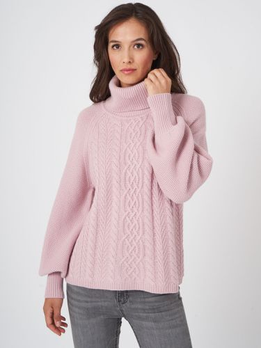 Chunky cable knit turtleneck pullover with puff sleeves - REPEAT cashmere - Modalova