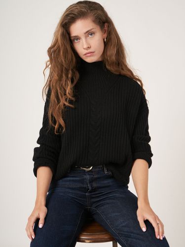 High neck rib knit sweater with cable knit detail - REPEAT cashmere - Modalova