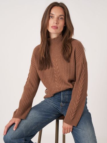 High neck rib knit sweater with cable knit detail - REPEAT cashmere - Modalova