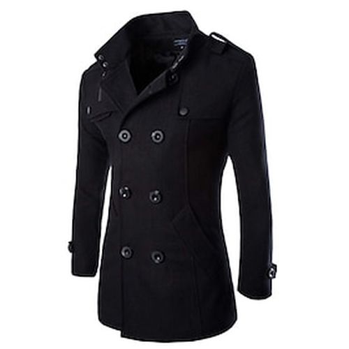 Men's mid long wool woolen pea coat double breasted stand collar overcoat winter trench coat (black, m=asian m) - Ador.com UK - Modalova