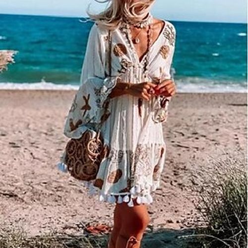 Women's T Shirt Dress Tee Dress Boho Dress Long Dress Maxi Dress Pattern Long Sleeve Summer Spring Spring Summer Casual V Neck Winter Dress Fall Dress - Ador.com UK - Modalova