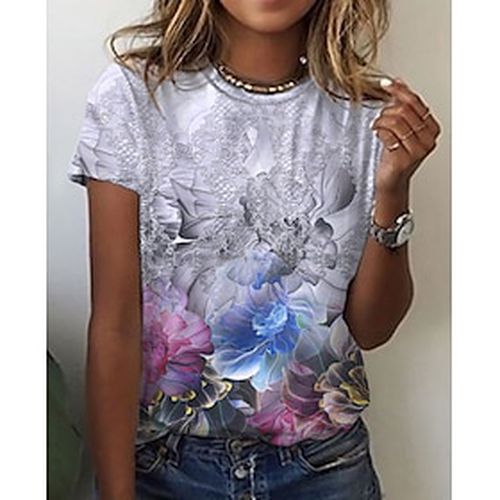 Women's Daily Weekend T shirt Tee Floral Painting Short Sleeve Floral Graphic Round Neck Print Basic Vintage Tops Gray S / 3D Print - Ador.com UK - Modalova