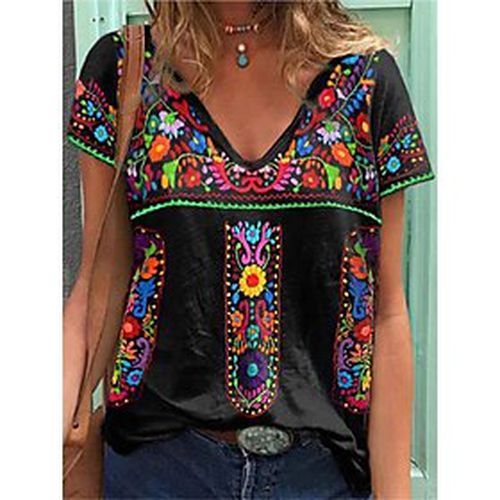 Women's T shirt Tee Floral Graphic Patterned Geometric Casual Daily Holiday Floral Short Sleeve T shirt Tee V Neck Patchwork Print Vintage Black Blue S / 3D Pr - Ador ES - Modalova