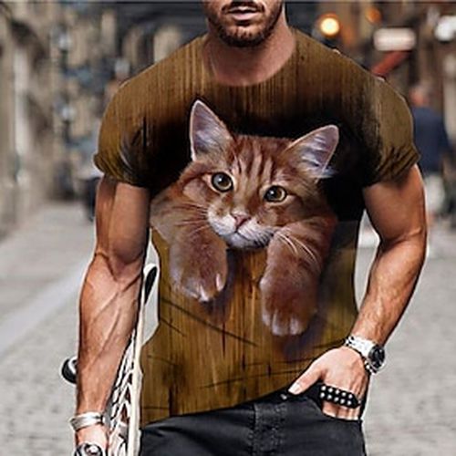 Men's Unisex T shirt Tee Crew Neck Cat Graphic Prints Brown 3D Print Short Sleeve Print Outdoor Street Tops Sports Designer Casual Big and Tall / Summer / Summ - Ador ES - Modalova