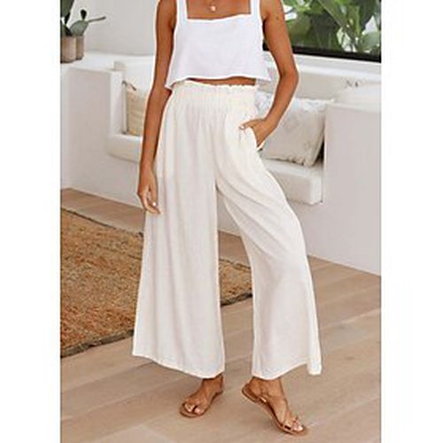 Women's Fashion Wide Leg Side Pockets Elastic Waist Culottes Wide Leg Chinos Full Length Pants Inelastic Casual Weekend Plain Mid Waist Comfort Loose White Bla - Ador.com UK - Modalova