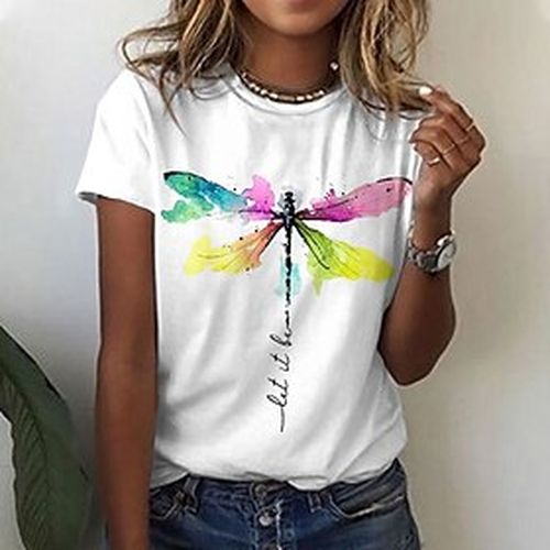 Women's T shirt Tee White Yellow Pink Print Animal Casual Weekend Short Sleeve Round Neck Basic Cotton Regular Painting S - Ador.com UK - Modalova