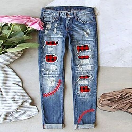 Women's Jeans Distressed Jeans Denim Blue Fashion Christmas Baggy Ripped Christmas Street Casual Full Length Micro-elastic Plaid Comfort S M L XL XXL - Ador.com UK - Modalova
