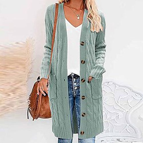 Women's Cardigan Sweater Jumper Cable Knit Button Pocket V Neck Pure Color Outdoor Daily Stylish Casual Winter Fall Green Yellow S M L - Ador.com UK - Modalova