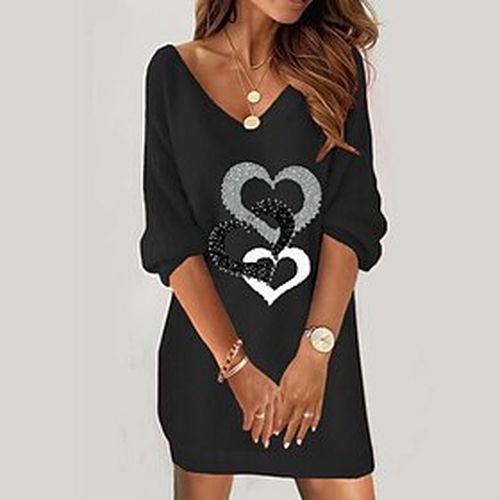 Women's Sweatshirt Dress Shift Dress Sweat Dress Mini Dress Black White Pink Heart 3/4 Length Sleeve Winter Fall Spring Print Fashion V Neck Loose Fit - Ador.com UK - Modalova