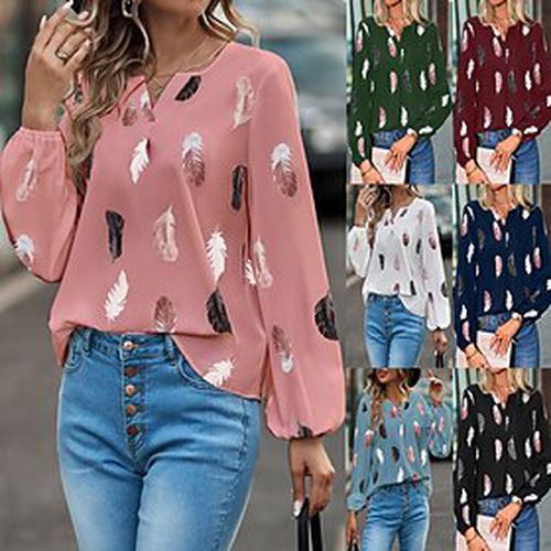 Women's Tunic Black White Pink Print Feather Casual Long Sleeve V Neck Sexy Regular Loose Fit Plus Size S - Ador ES - Modalova
