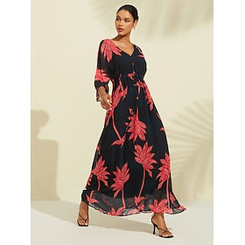 Women's Print Dress Maxi Dress Black 3/4 Length Sleeve Leaf Printing Flower / Plants Printing Spring Summer V Neck Beach S M L - Ador.com - Modalova