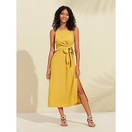 Women's Elegant Midi Dress Tencel Linen Yellow Tie Front Sleeveless Dress - Ador - Modalova