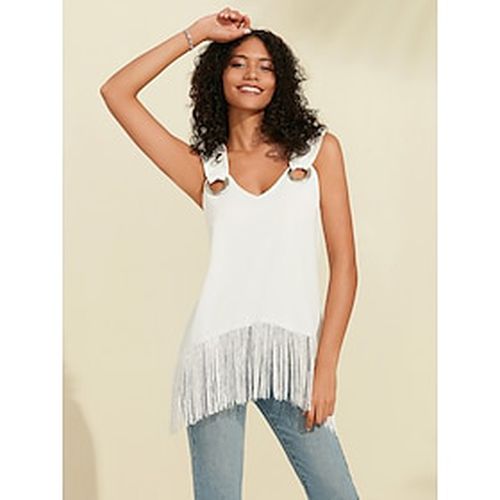 Women's White Sleeveless Top Casual Tassel Hem V Neck Sleeveless Shirt Summer - Ador - Modalova