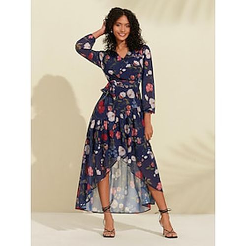 Women's Wrap Dress Print Dress Maxi Dress Navy Blue Long Sleeve Flower / Plants Floral Style Print Plus High Low Spring Summer Crossover Collar Sweet - Ador.com - Modalova