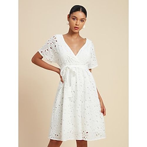 Women's 100% Cotton White Dress Floral A Line V Neck Mini Dress with Belt - Ador.com - Modalova