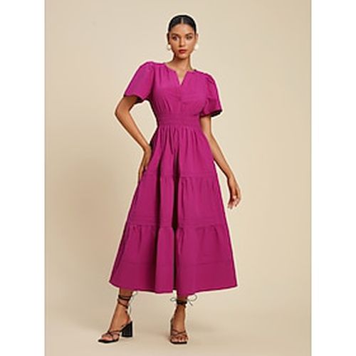 Women's Cotton Burgundy Puffed Sleeve V Neck Maxi Dress Casual Dress - Ador - Modalova