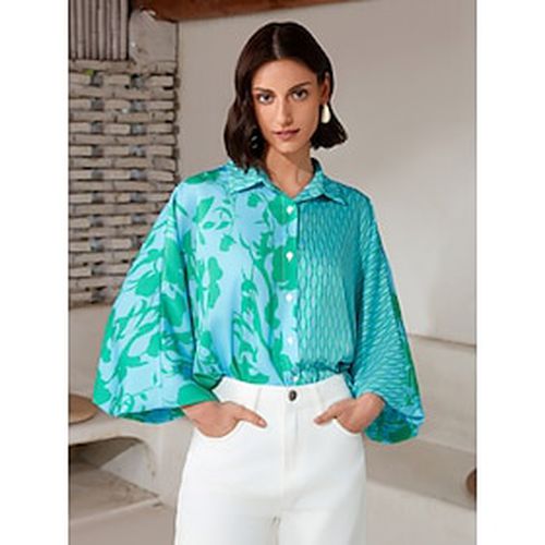 Satin Floral Geometric Puff Sleeve Button Up Shirt - Ador - Modalova