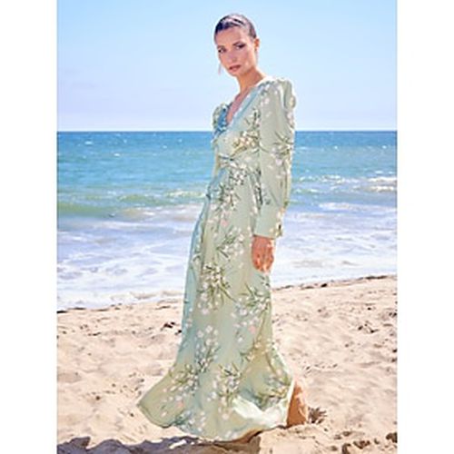 Satin Wedding Guest Floral Tie Back Puff Sleeve V Neck Maxi Dress - Ador - Modalova