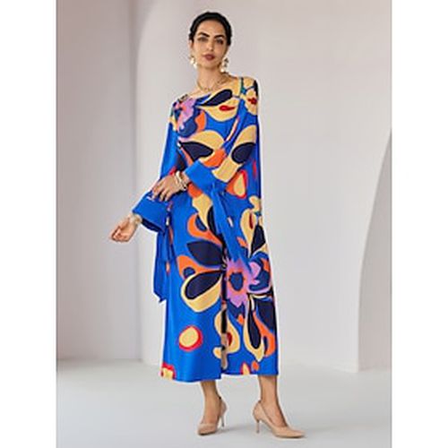 Loose Floral Printing Fall Crew Neck Elegant Casual Midi Dress - Ador.com - Modalova