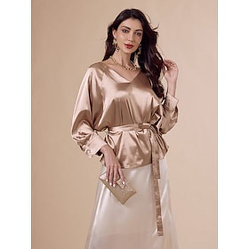 Satin Gold Belted V Neck Elegant Blouse - Ador.com - Modalova