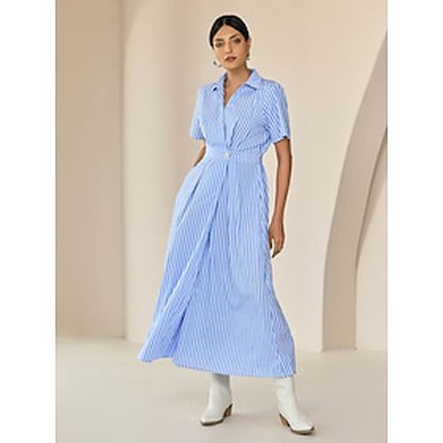 Cotton Striped Fold-over Collar Casual Shirt Maxi Dress - Ador - Modalova